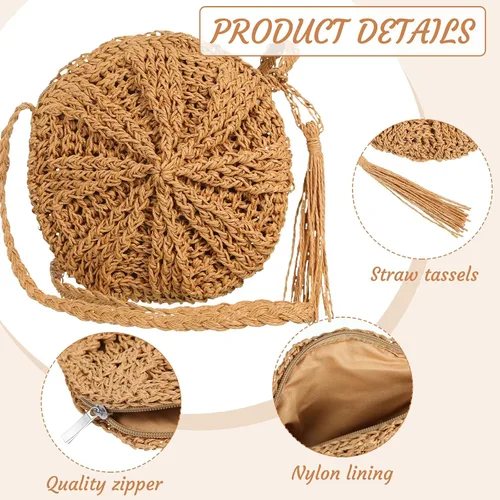Vista 6 de Sweetude Bolso de mano de paja para mujer, juego de aretes de ratán, bolsa de paja de verano, playa, bolso bohemio, cartera tejida para vacaciones