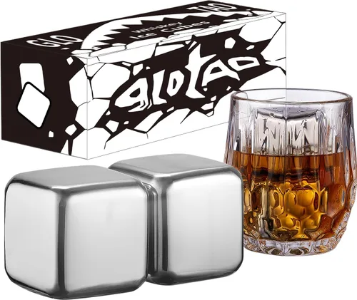 Vista 8 de Juego de 2 piedras de whisky grandes de 64 cm³ (4 cu in) – Juego de regalo para hombre – Cubos de esferas de hielo de metal reutilizables de acero