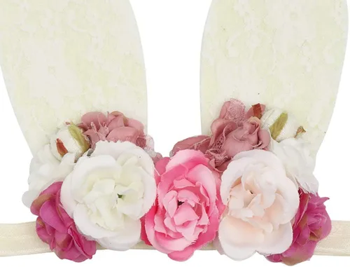 Vista 2 de Diadema de orejas de conejo de primavera para niñas, corona de flores, bosque, pieza de cabeza floral Orejas de conejo beige grandes
