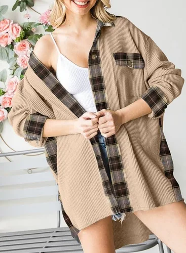Vista 3 de SHEWIN Chaqueta de punto gofre para mujer, diseño a cuadros, con botones, holgada, de manga larga