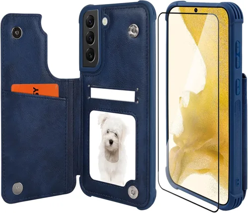 Vista 16 de VANAVAGY Funda tipo cartera compatible con Galaxy S22 con soporte para tarjetas de bloqueo RFID, piel sintética, cierre magnético, función atril