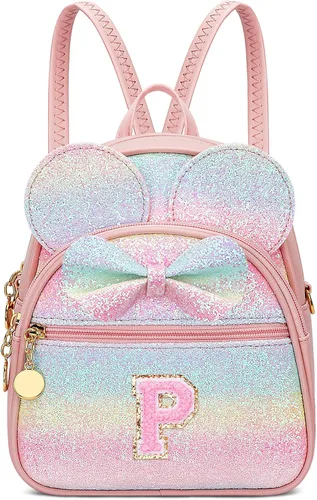 Vista 14 de KKXIU Mochilas Mini con Moño Inicial para Niñas y Mujeres, Linda Mochila Pequeña con Asa de Bolso, Regalos Personalizados para Niños, Arcoíris
