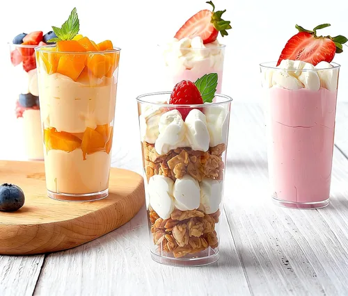 Vista 5 de Zezzxu Paquete de 50 vasos de postre de 3 onzas con cucharas, mini vasos de tiro para postres, pequeños vasos de plástico para servir aperitivos