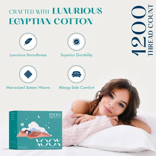 Vista 2 de XOOX Linen Juego de sábanas 100% algodón egipcio, sábanas de lujo de 1200 hilos de algodón egipcio tamaño Queen (4 piezas, gris claro), suave como