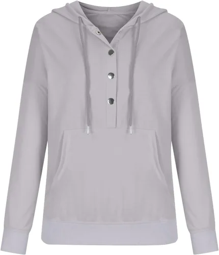Vista 5 de Sudadera clásica con capucha para mujer, color liso, de manga larga, con botones, con cordón, ajuste delgado, túnica a la moda, trajes de otoño