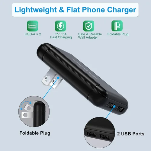 Vista 3 de Cargador de Pared USB Dual Plano, OKRAY Bloque de Carga Rápida 5v/3a con Enchufe Plegable, Adaptador de Cargador de Teléfono Extra-Delgado de 2
