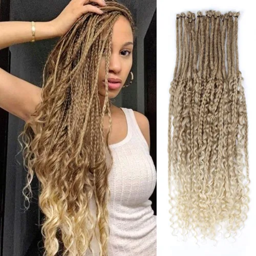 Vista 29 de Extensiones de rastas trenzadas bohemias de 24 pulgadas, 10 hebras de rastas sintéticas rizadas color marrón degradado con trenza de caja, rastas