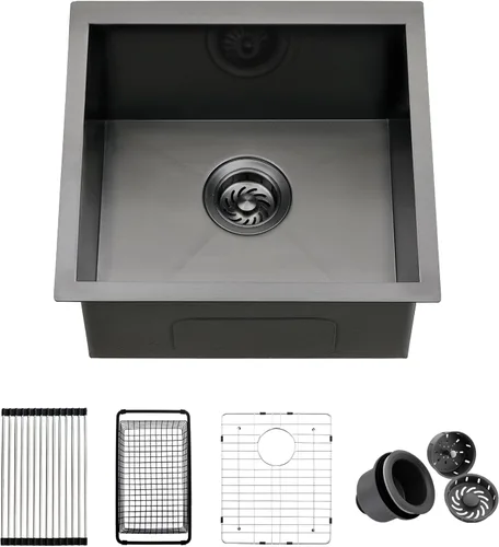 Vista 10 de Fregadero de cocina negro de 15 x 16 x 9 pulgadas, fregadero de cocina pequeño de acero inoxidable negro para preparación debajo del fregadero