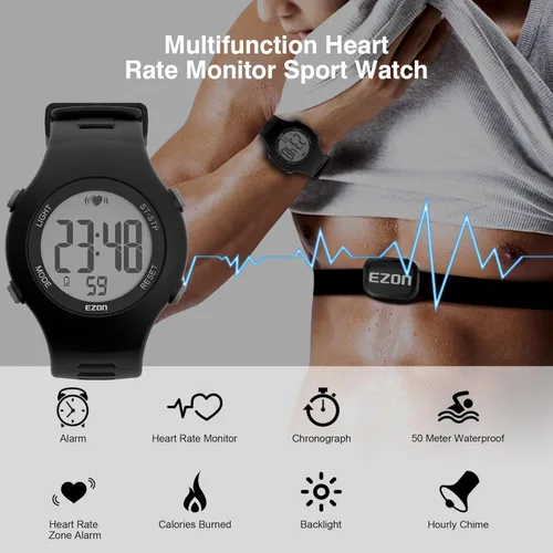 Vista 2 de EZON Heart Rate Monitor Chest Strap and Digital Watch,5ATM Waterproof Fitness Tracker with HRM,Calories Burned,Stopwatch and Hourly Chime - Ideal