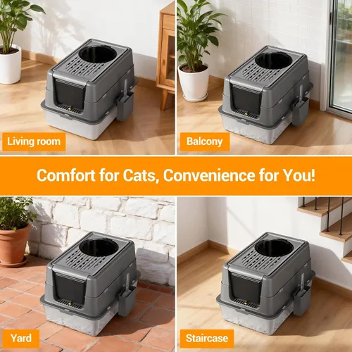 Vista 7 de Caja de arena para gatos de acero inoxidable con tapa, caja de arena de metal cubierta cerrada con tapa abatible de 180°, caja para gatos de alta