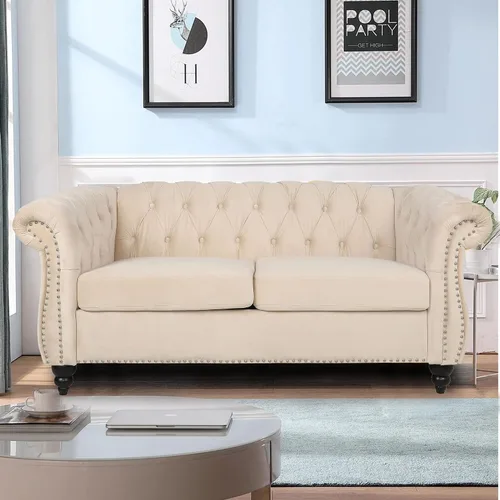 Vista 19 de LEVNARY Sillón Chesterfield de Terciopelo, Sillón Individual de Estilo Moderno de Mediados del Siglo con Respaldo de Botones y Decoración con Beige