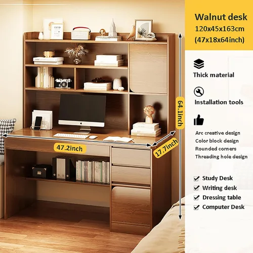 Vista 7 de HM&DX Escritorio para computadora de oficina en casa con gabinete, escritorio de estudio de madera con cajones, muebles modernos de madera
