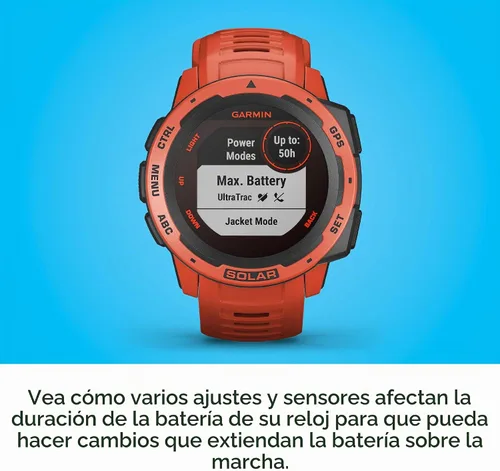 Vista 5 de Garmin Instinct Solar, reloj inteligente resistente para exteriores alimentado por energía solar, aplicaciones deportivas integradas y monitoreo