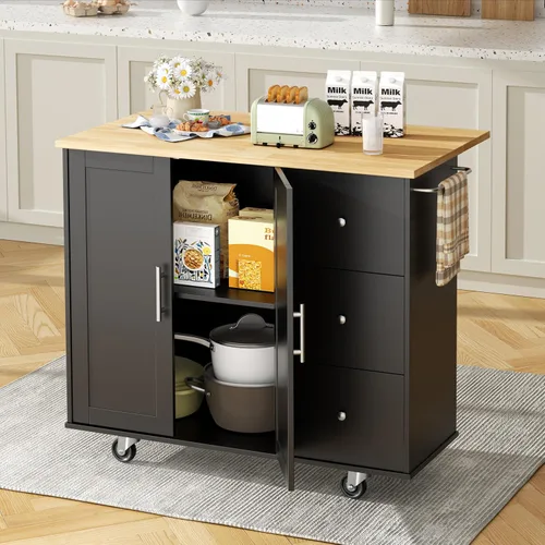 Vista 2 de Shintenchi Isla de cocina con hoja plegable, mesa de isla enrollable con almacenamiento, armario de cocina con ruedas con área de asiento