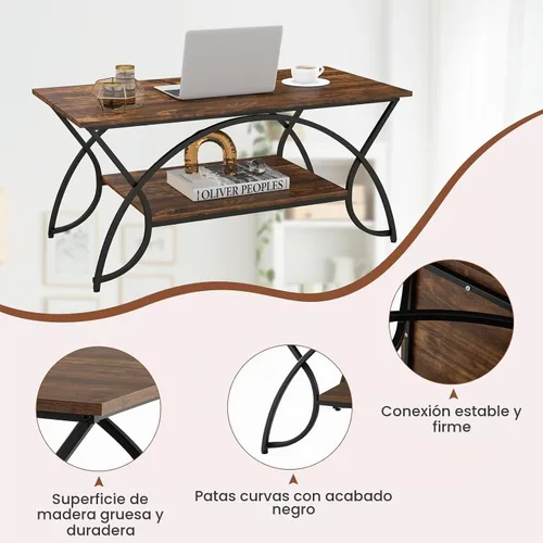 Vista 7 de GIANTEX - Mesa auxiliar de 2 niveles con almacenamiento, mesa central de madera de 39.5 pulgadas, color marrón