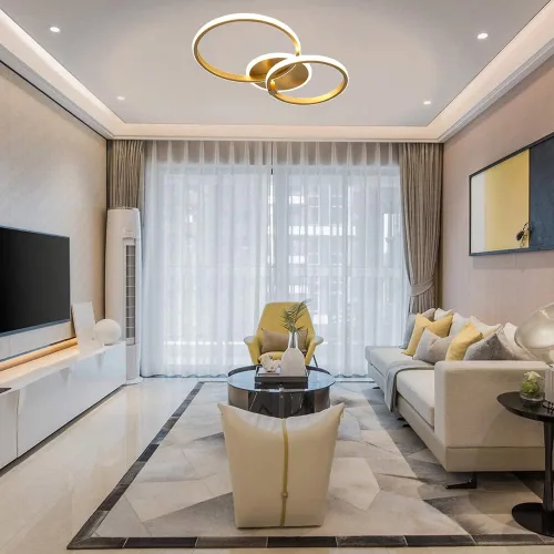 Vista 8 de Lámpara de techo LED moderna, lámpara de techo de montaje empotrado de 40 W con círculo de dos anillos, lámparas acrílicas doradas para sala