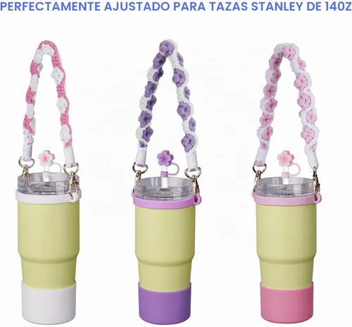 Vista 2 de NiHome Kit de Accesorios para Vaso Stanley de 14 onzas, Incluye Correa de Asa Tejida a Mano, Anillo de Silicona, Tapa de Pajita de Silicona y Rosa