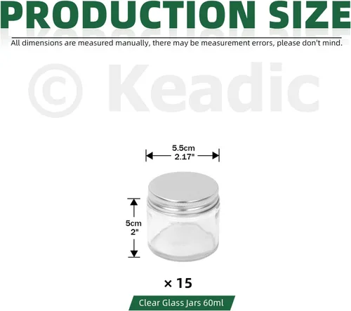 Vista 2 de Keadic Juego de 15 tarros de vidrio de 2.0 fl oz/2 onzas con tapas, mini tarros redondos herméticos para muestras de conservas con tapas plateadas