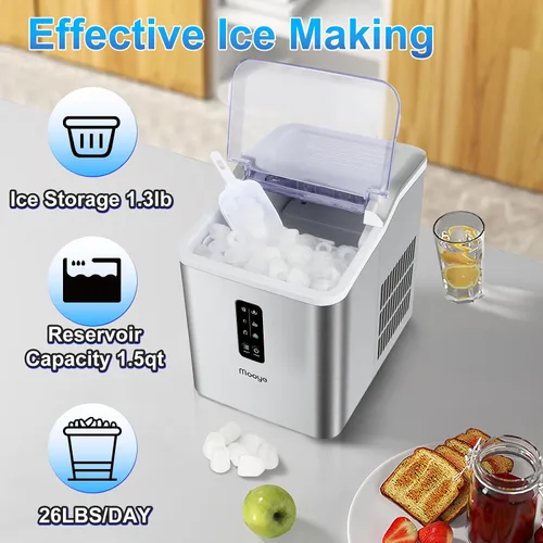 Vista 2 de Máquina para hacer hielo para encimera, 26.5 libras en 24 horas, máquina de hielo eléctrica y máquina de hielo compacta con cuchara de hielo