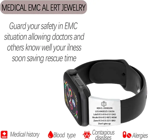 Vista 6 de Etiqueta de alerta médica para Apple Watch, etiqueta de identificación médica personalizada (M: se ajusta a la correa de 0.709-0.866 in) plata/negro