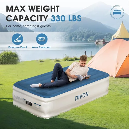 Vista 5 de DIVON Colchón de aire doble con bomba incorporada elevada, colchón inflable individual de 18 pulgadas en 2 minutos, colchón inflable plegable