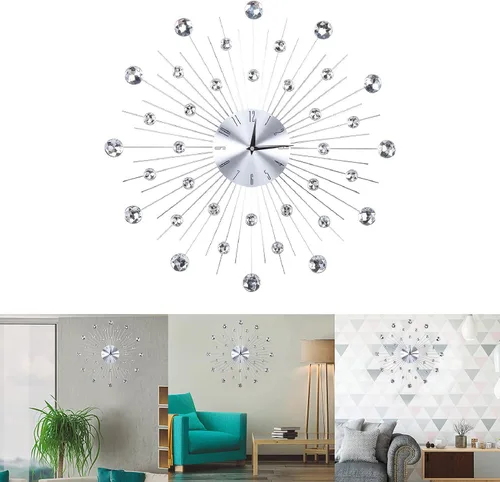 Vista 9 de Reloj de pared plateado metálico brillante para sala de estar, oficina (diamantes de imitación plateados), reloj de salón de belleza, Wanduhr