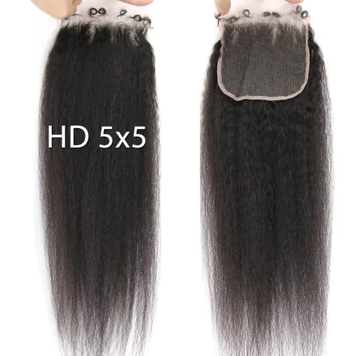 Vista 19 de Afro Kinky Curly 5x5 HD Cierre de encaje prearrancado con borde rizado de bebé 4B 4C, cierre de encaje HD de cabello humano transparente