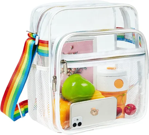 Vista 11 de Bolsa transparente aprobada para estadios, bolsa bandolera mensajero de hombro transparente con correa ajustable para conciertos, eventos deportivos