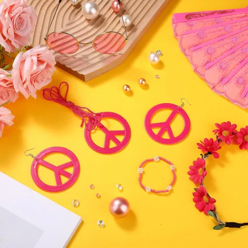 Vista 4 de Juego de 6 accesorios de disfraz hippie bohemio, letrero de la paz, margarita, flor de los años 60 y 70, decoraciones para fiestas geniales