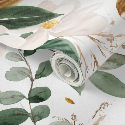Vista 2 de Spoonflower Papel tapiz para despegar y pegar - Papel pintado extraíble personalizado con flores de magnolias florales doradas