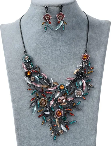 Vista 2 de Fenni Jewelry Vintage - Juego de collar y aretes para mujer, diseño de flores, esmaltado, estilo babero, para boda, novia, baile de graduación