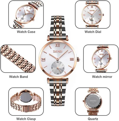 Vista 7 de SKMEI Watches for Women Ladies Female Stainless Dress Luxury Business Classic Fashion Analog Quartz Waterproof Simple Day Date Wife Girls Gifts Gold