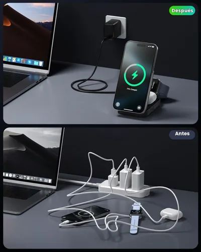 Vista 6 de Estación de carga inalámbrica 3 en 1 para iPhone, soporte de carga inalámbrica rápida plegable de viaje plegable de 15 W para Mag-Safe con adaptador