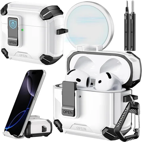 Vista 36 de Inesore Funda para AirPods Pro 1ª/2ª con bloqueo seguro (verde oscuro) Cubierta magnética de bloqueo automático con soporte para teléfono y kit
