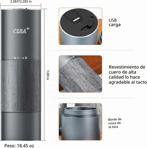 Vista 3 de CERA+ CGE01 Molinillo de café portátil de rebabas, molinillo eléctrico de espresso