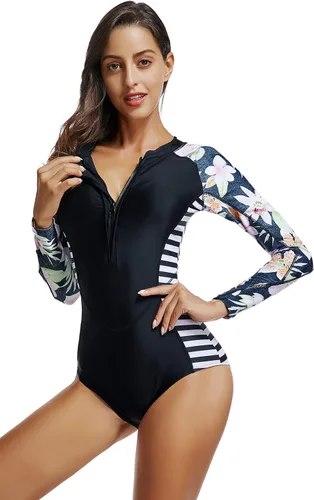 Vista 3 de LafyKoly Traje de baño de una pieza de manga larga para mujer, con protección UV, estampado de surf