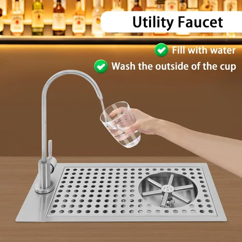 Vista 5 de Enjuagadora de vidrio con grifo, jarra comercial de acero inoxidable 304 con boquilla de alta presión de ángulo múltiple para bar, cafetería