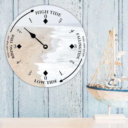 Vista 3 de Reloj de marea de madera, olas blancas y playa, costa este, océano Atlántico, reloj de marea de madera con marea alta y baja, reloj vintage