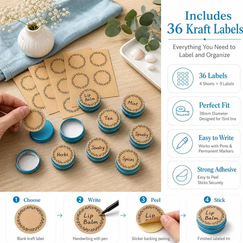 Vista 5 de 270 tarros de aluminio de 0.5 oz / 0.5 fl oz con tapa de rosca y etiquetas en blanco (azul lago)