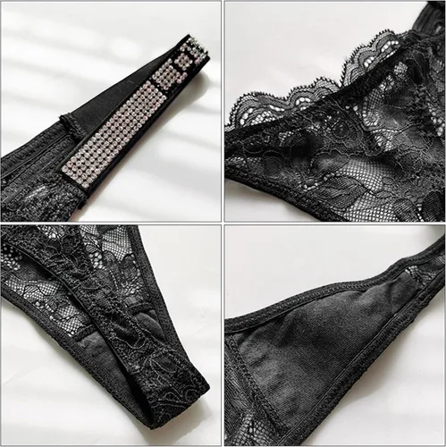 Vista 5 de Bragas de tanga sexys con diamantes de imitación para mujer de talle bajo tanga floral encaje en T ropa interior paquete de 3