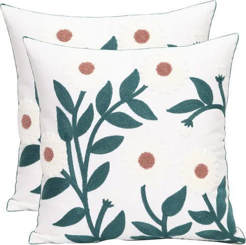 Vista 19 de Pack of 2 Embroidered Decorative Throw Pillow Cover 18x18 Inch Farmhouse Floral Pillowcase for Living Room Sofa Bed (Big Pumpkin)