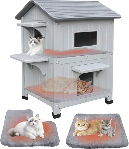 Vista 12 de Casa para gatos al aire libre, resistente a la intemperie, casas de plástico para gatos con puerta de escape, 2 pisos para interiores, impermeable