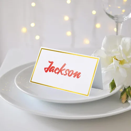 Vista 5 de 120 piezas de tarjetas de lugar, tarjeta de asiento de 2x3.5 pulgadas en blanco rellenable para banquete con marco de lámina dorada para mesa