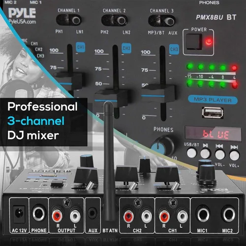 Vista 3 de Mezclador de audio inalámbrico Pyle DJ - Controlador DJ compatible con Bluetooth de 3 canales, mezclador de sonido, micrófono con función