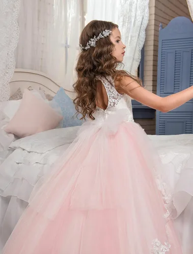 Vista 2 de Vestido de niña de flores, para niñas con cuentas y encaje, traje para certámenes.
