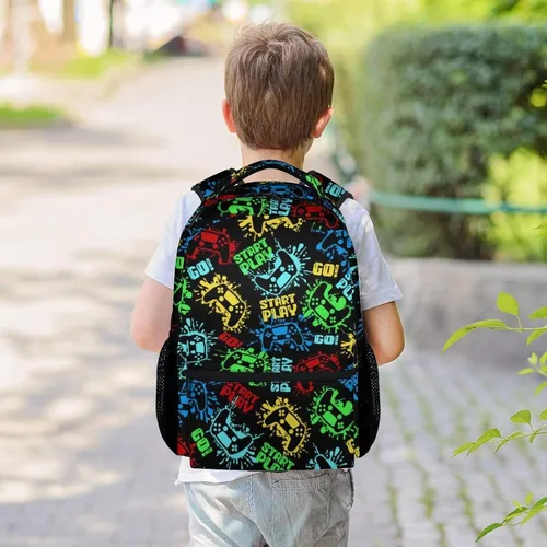 Vista 2 de Mercuryelf Mochila de juegos para niños y niñas, mochilas negras de 16 pulgadas para viajes escolares, bolsa ligera de moda para niños, Gamepad-1