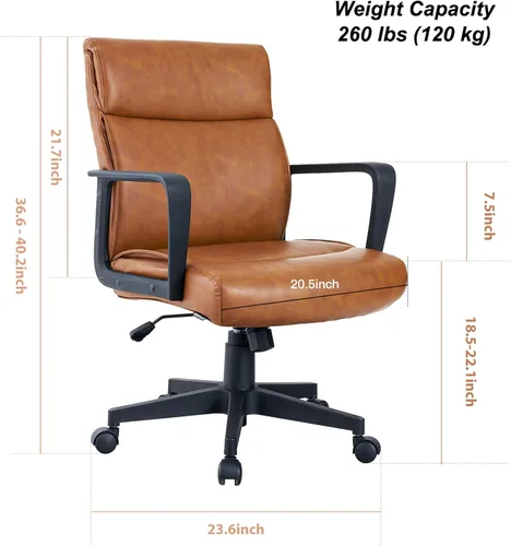 Vista 2 de Artswish Silla de oficina de cuero marrón, silla ergonómica de computadora con brazos de ruedas, silla de trabajo ajustable giratoria de 360°