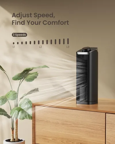 Vista 2 de PNTCK Ventilador para dormitorio, ventilador de torre de 13 pulgadas con 3 velocidades máximas de 23 pies/s, ventilador de escritorio oscilante