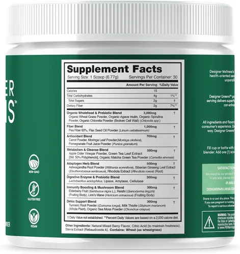 Vista 6 de Designer Wellness, Designer Greens Superfood en polvo con prebióticos, probióticos, antioxidantes y soporte para la desintoxicación, 30 porciones