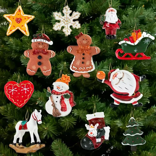 Vista 8 de Juego de 12 adornos grandes de Navidad, decoraciones colgantes de resina para árbol de Navidad, figuras surtidas de Papá Noel, muñeco de nieve